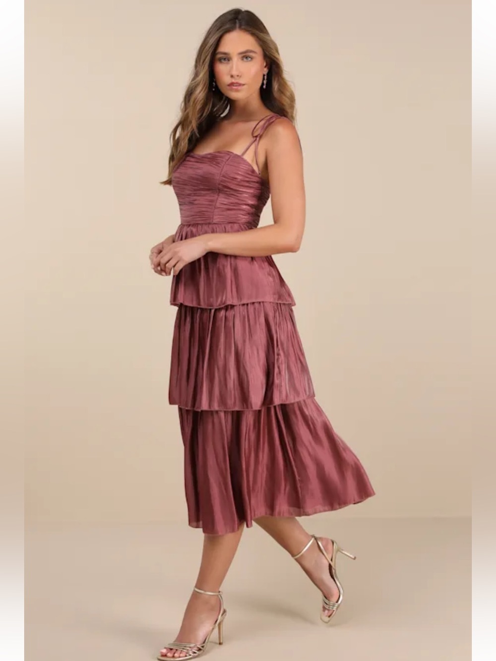 NWOT Lulus Tennon Dusty Rose Plisse Tiered Midi Dress